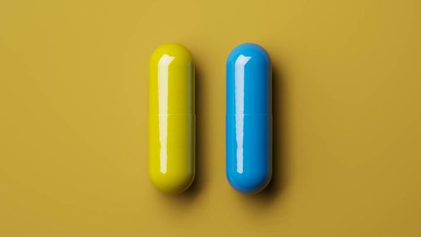 Two medicine capsules or tablets isolated on yellow background. Yellow and blue pills. Sign or symbol. 3D render - Photo, image