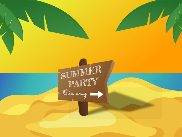 letrero de fiesta de verano de pie en la playa de arena con fondo de mar y puesta de sol y hojas de palma verde - Vector, Imagen