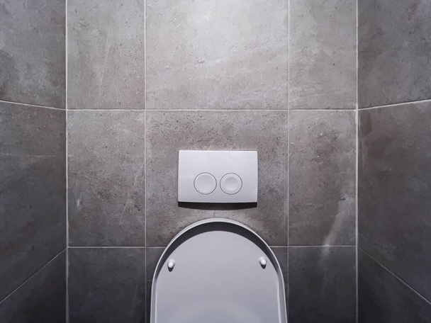Toilet seat cover and flush plate with buttons on ceramic tiled wall in bathroom - Foto, immagini