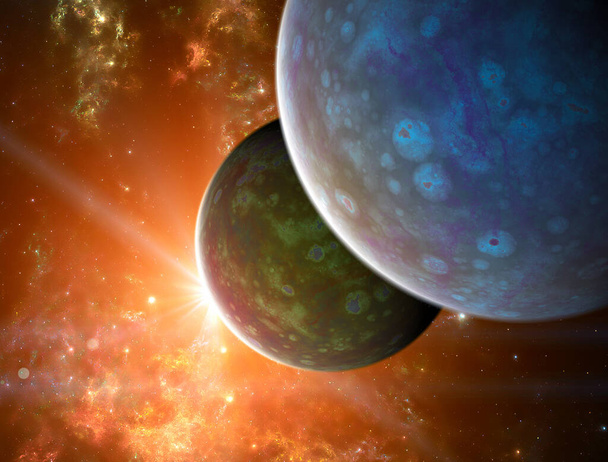 Exploration of new worlds, space and universe, new galaxies. Planets in backlight. Exoplanets. Solar systems. 3d rendering - 写真・画像