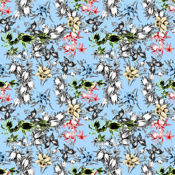 Pattern with butterflies and flowers - Фото, изображение