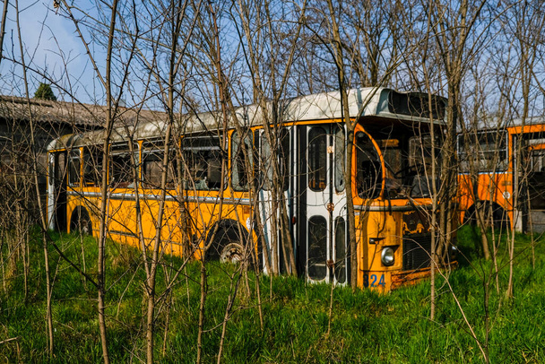 abandoned school bus tram bus depot. High quality photo - Фото, изображение