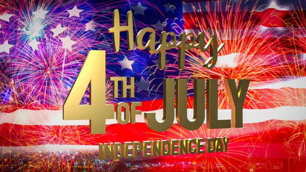 休日やお祝いのコンセプトのためのアメリカの旗の統一段階で7月の金のテキストの4番目の3Dレンダリング - 写真・画像