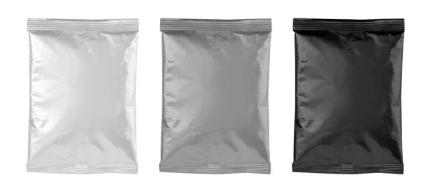 Empty foil for snacks for food Packaging for coffee, salt, sugar, pepper, spices, sachets, sweets, chips, cookies. Isolated Layout Template, - Foto, Bild