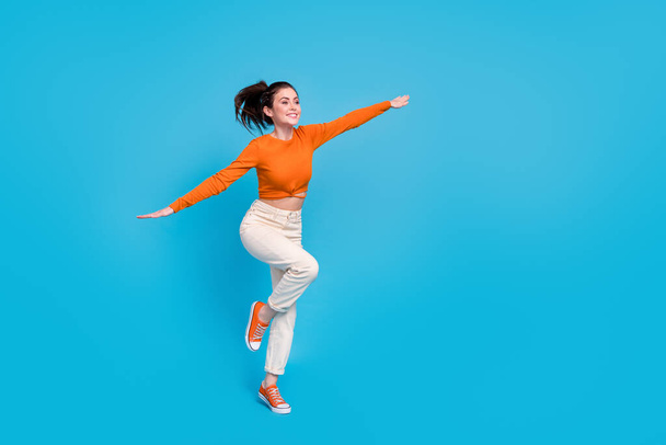 Full size image of cute adorable woman fooling around have fun during summer holiday isolated on blue color background - Valokuva, kuva