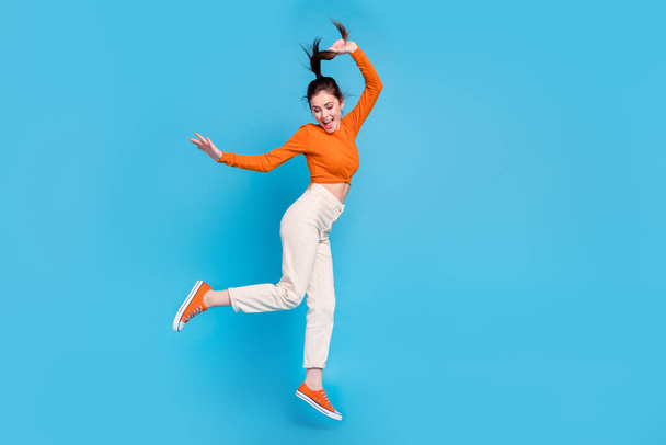 Full length image lady have fun dancing enjoy summer vacation holiday isolated on blue color background - Foto, Imagen