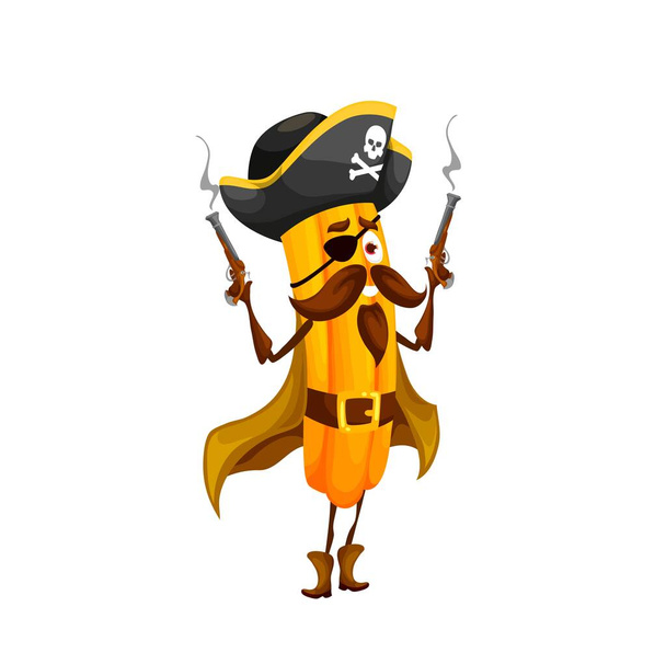 Cartoon mexican churros pirate captain character. Happy vector tex mex fastfood filibuster wear cocked hat, eye patch and cape holding steaming guns. Funny fast food buccaneer game personage - Vektör, Görsel