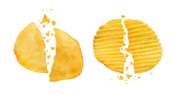 Cracked and broken potato chips with crumbs. Realistic vector crispy snack chips pieces separated on two parts. Isolated 3d crushed crunchy junk food, delicious vegetable crisp meal, fast food - Vector, Image