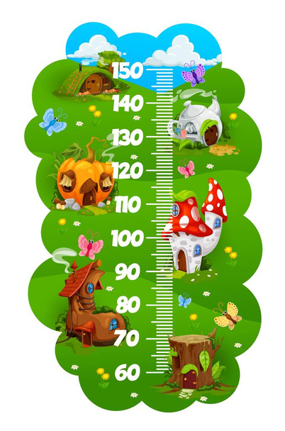 Kinder Höhendiagramm Lineal mit Cartoon Dorf der Gnome oder Elfenhäuser, Vektorwachstumsmaß Meter. Babyhöhe Meter oder Kind große Waage, Feenhäuser von Wichtelmännchen in Pilz, Teekanne oder Baumstumpf - Vektor, Bild