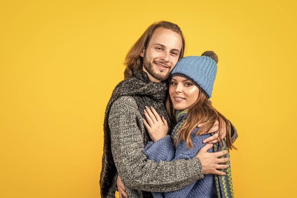 Romantic relationship. Happy couple yellow background. Married couple. Loving husband and wife - 写真・画像