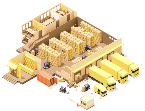 Vector isometric warehouse building with offices cross section - Vektori, kuva