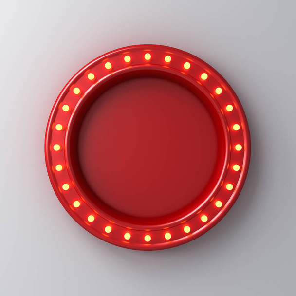 Retro red round sign neon billboard with yellow light bulbs isolated on white wall background with shadow 3D rendering - Φωτογραφία, εικόνα