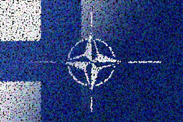 NATO-OTAN. Finland. NATO flag. Finland flag. Flag with the NATO logo. Concept of annexation of Finland with NATO-OTAN. Foreground. Horizontal layout. Horizontal illustration. 3D Illustration. - 写真・画像