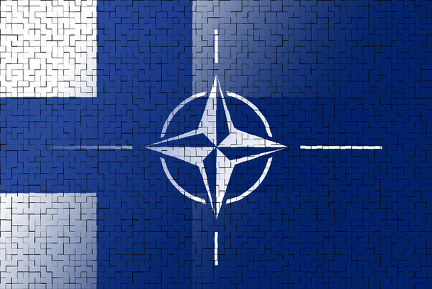 НАТО-Отан. Финляндия. Флаг НАТО. Флаг Финляндии. Флаг с логотипом НАТО. Концепция присоединения Финляндии к НАТО-ОТАН. На переднем плане. Горизонтальная планировка. Горизонтальная иллюстрация. 3D-моделирование. - Фото, изображение