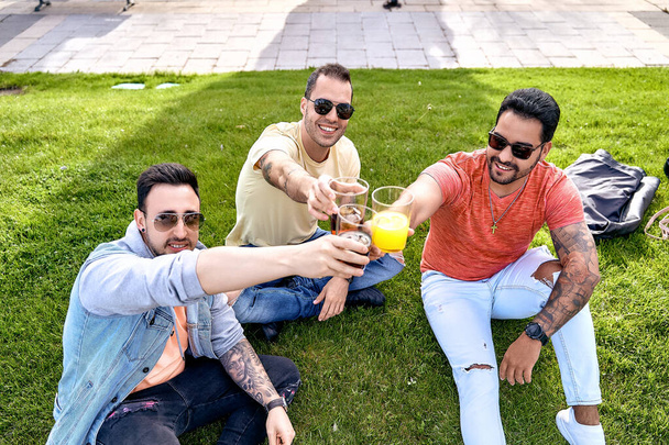 Drei Freunde sitzen auf dem Rasen, trinken Getränke und stoßen an, während sie an einem sonnigen Tag in die Kamera schauen.  - Foto, Bild