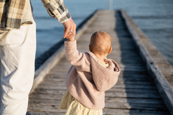 Back view of toddler girl holding hand of father on pier on beach in Treviso - 写真・画像
