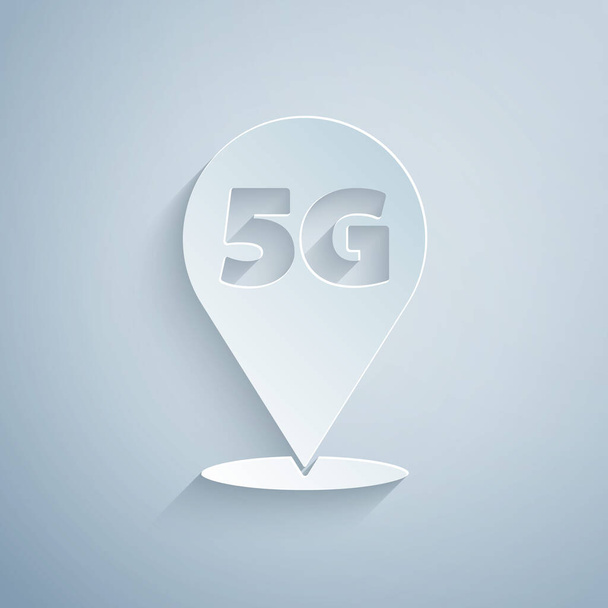 Papierschnitt Standort 5G neue drahtlose Internet-Wifi-Verbindung Symbol isoliert auf grauem Hintergrund. Globale Hochgeschwindigkeitsverbindungstechnologie für Datenraten. Papierkunst. Vektor - Vektor, Bild