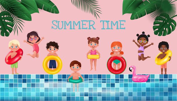 Enfants mignons de différentes nationalités avec cercle gonflable près de la piscine. Illustration vectorielle en dessin animé style 3D - Vecteur, image
