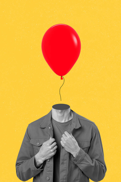 Vertical composite collage of minded person black white effect balloon instead head isolated on yellow color background - Foto, Imagem