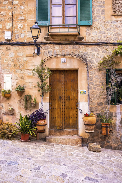 Closed door and windows of old house. Potted plants decorated outside building in town. Historic residential district during sunny day. - Φωτογραφία, εικόνα