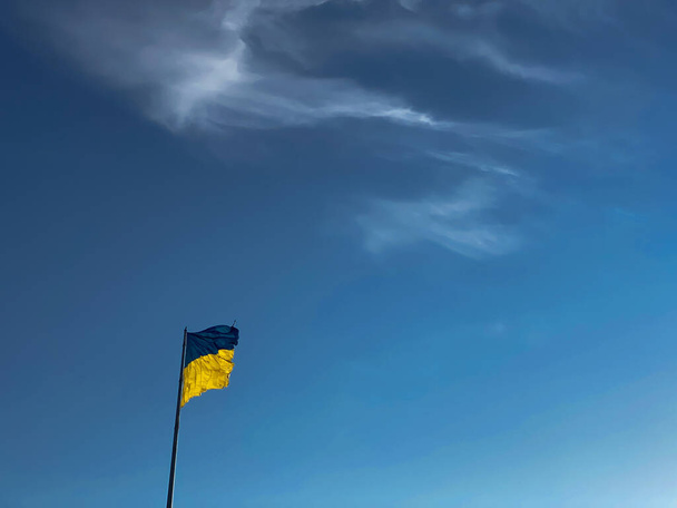 Ukrainian flag waving in wind and sunlight. Flag of Ukraine on blue sky background. National symbol of freedom and independence. - Foto, afbeelding