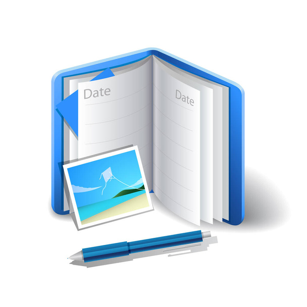 Modrý deník, poznámka, obrázky a pera ikony s bílým pozadím - Vektor, obrázek