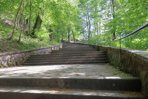 Régi kő külső lépcsőház. Lépcsők St. Hostyn vezet az erdőn keresztül. A zarándokhely. - Fotó, kép