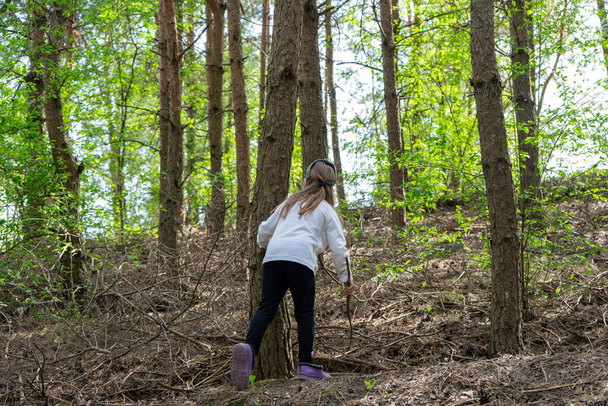 Kleines Mädchen beim Verstecken im Frühlingswald - Foto, Bild