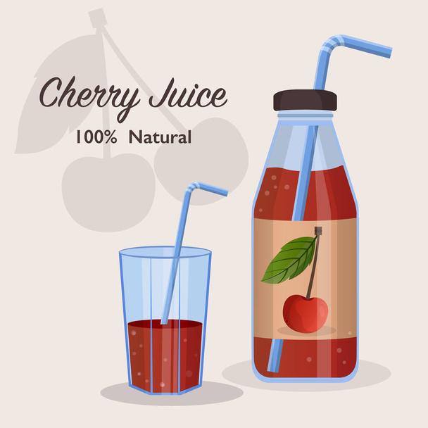 Fresh cherry juice in glass bottle and fruit juice in glass concept. - Vettoriali, immagini