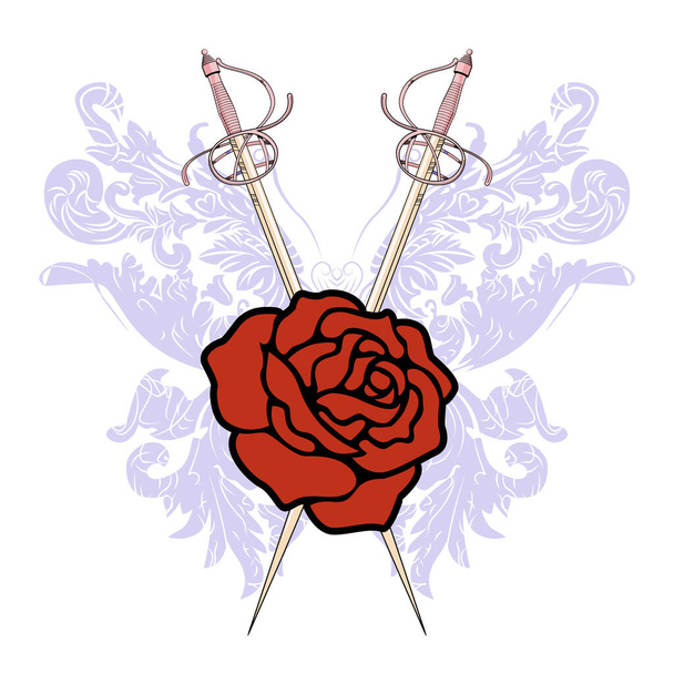 Camiseta de diseño de dos espadas cruzadas y una flor roja aislada en blanco. Ilustración vectorial sobre temas de caballería. - Vector, Imagen
