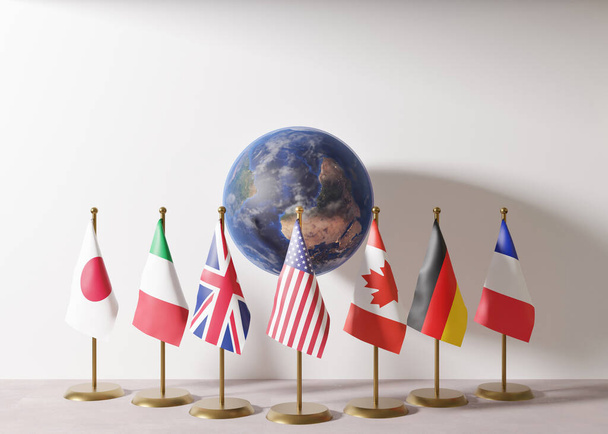 Flagi G7, grupa siedmiu krajów: Kanada, Francja, Niemcy, Włochy, Japonia, Wielka Brytania, USA. Szczyt G7 jest międzyrządowym forum politycznym. Gospodarka światowa, handel światowy, polityka gospodarcza. 3d renderowanie. - Zdjęcie, obraz