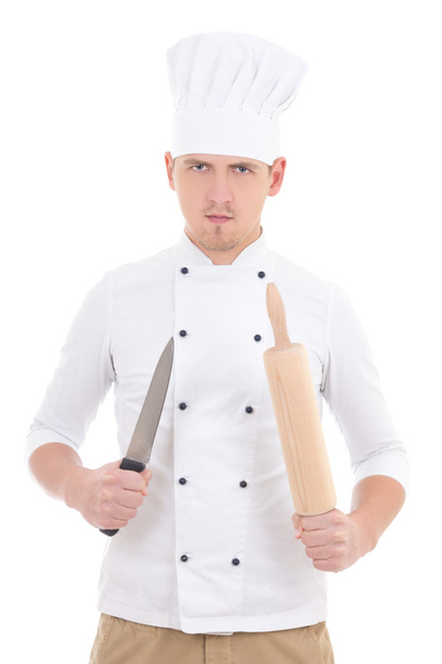 man in chef uniform with wooden baking rolling pin and knife iso - Photo, Image