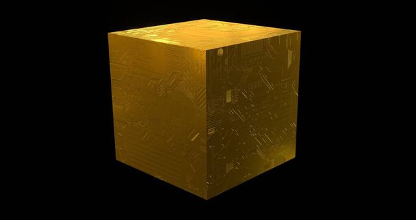 Золотий технологічний куб. Жовта квадратна металева коробка вкрита 3D візуалізацією цифрової графіки та текстури. Артефакт дошки кубиків для з'єднання з кіберсистемою та мережею
 - Фото, зображення