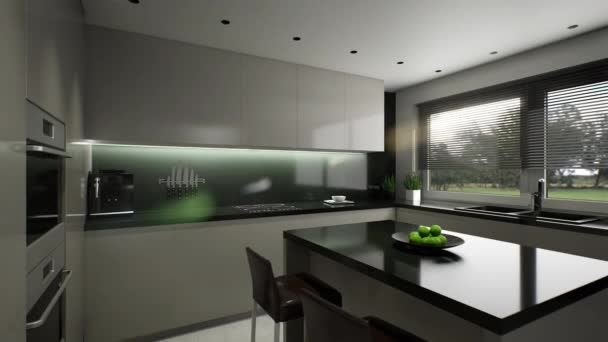 3d la representación de la cocina. Animación de una cocina gris en el estilo del minimalismo. - Imágenes, Vídeo