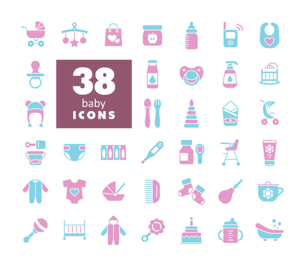 Conjunto de iconos de glifo vectorial aislado bebé, alimentación y cuidado. Símbolo gráfico para niños y bebés recién nacidos sitio web y aplicaciones de diseño, logotipo, aplicación, interfaz de usuario - Vector, imagen
