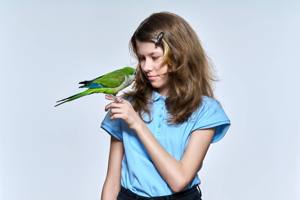 Child girl with green quaker parrot looking at pet on light studio background - 写真・画像