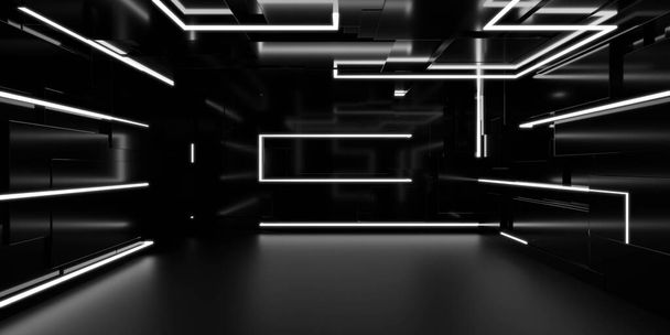 темно-чорний студійний футуристичний світловий інтер'єр з металевими відображеннями 3d ілюстрація рендеринга
 - Фото, зображення