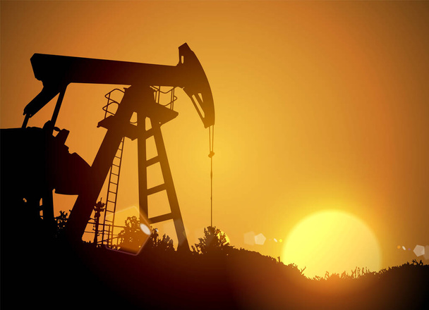 Oil field over sunset. Vector illustration. Gas industry. Dark silhouette drilling rig. - Vector, Image