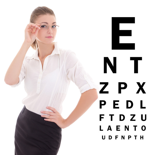 Biznes kobieta w okularach i oko testowej na białym tle - Zdjęcie, obraz