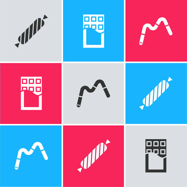 Set Candy, Chocolate bar and Jelly worms candy icon. Vector - Διάνυσμα, εικόνα