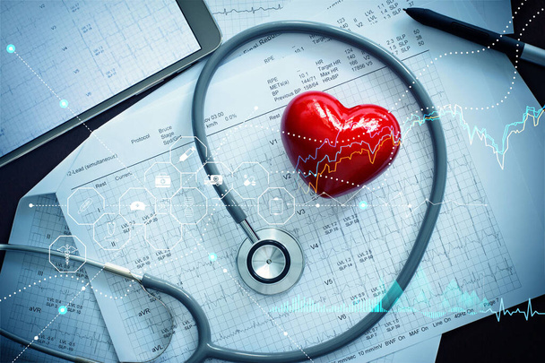 Форма червоного серця зі стетоскопом та звітом про серцебиття пацієнта та зростання графіків даних про бізнес охорони здоров'я, кардіолог, медичні інвестиції та медичний бізнес
. - Фото, зображення