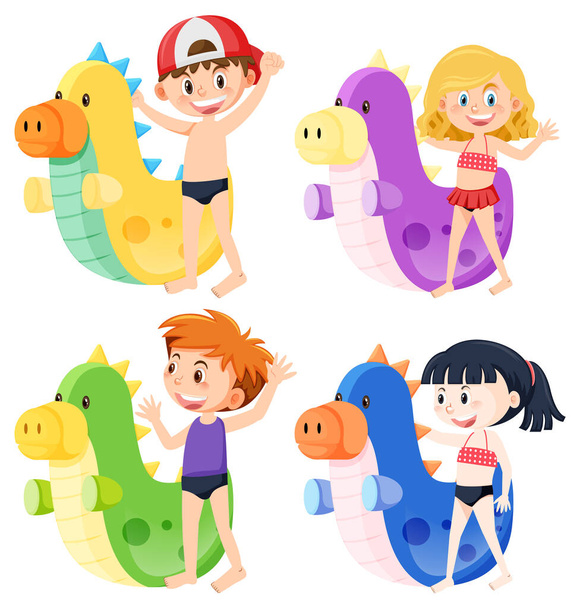 Glückliche Jungen und Mädchen in Badebekleidung neben aufblasbaren Dinosauriern - Vektor, Bild