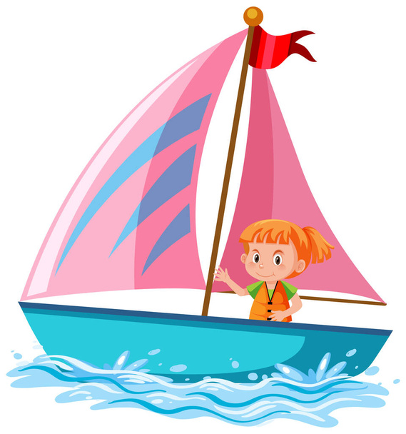 Ein kleines Mädchen auf einem Segelboot isolierte Illustration - Vektor, Bild