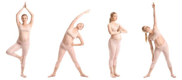 Fiatal terhes nő készlet gyakorló jóga fehér háttér - Fotó, kép