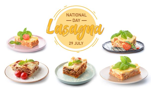 Piatti con gustose lasagne tradizionali su fondo bianco. Celebrazione della Giornata Nazionale delle Lasagne - Foto, immagini