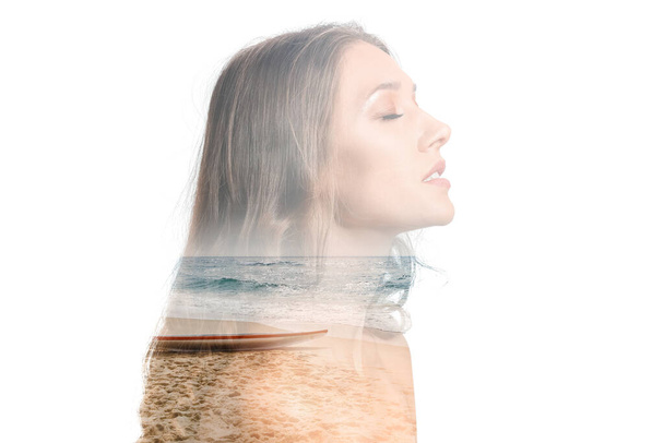 Double exposure of beautiful woman and sea beach on white background - Fotoğraf, Görsel