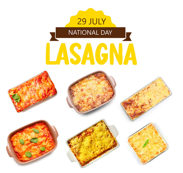 Baking dishes with tasty traditional lasagna on white background. Celebration of National Lasagna Day - Φωτογραφία, εικόνα
