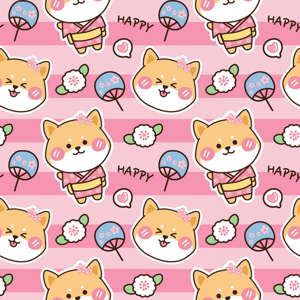 Nahtloses Muster von niedlichen shiba inu mit Blume auf rosa Hintergrund.Happy text.Animal wallpaper.Japanese dog.Kawaii.Image für Karte, Tapete, Baby cloth.Vector.Illustration. - Vektor, Bild