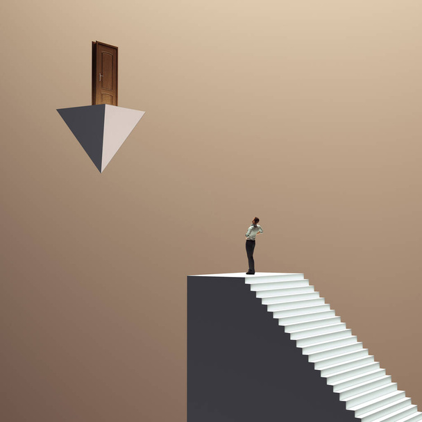 Az ember felnéz az ajtóra a lépcső tetején. Az akadályok leküzdése és a kockázatvállalás koncepciója. Ez egy 3D renderelés illusztráció. . - Fotó, kép