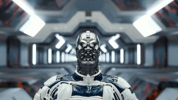 Cyborg auf futuristischem Hintergrund. Science-Fiction und künstliche Intelligenz. Dies ist eine 3D-Darstellung . - Foto, Bild